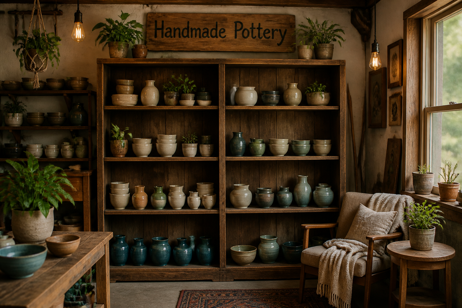Repurposed bookshelf displaying handmade pottery with plants and cozy seating area in garage studio
