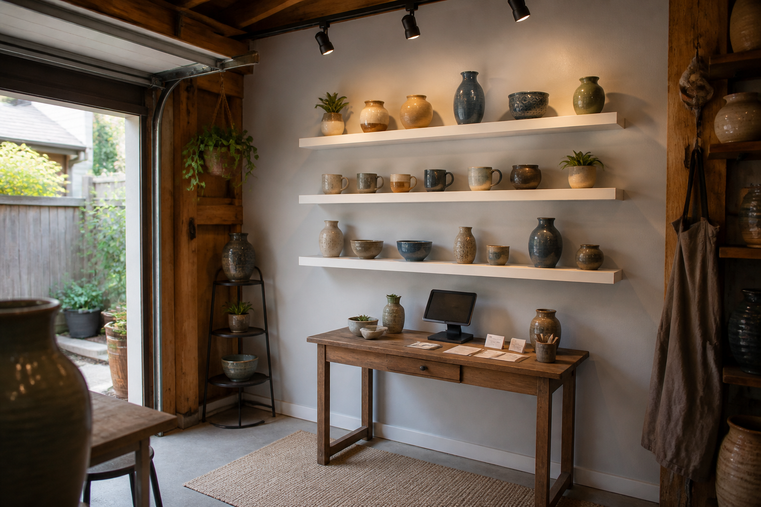 Garage pottery studio display corner with floating shelves, finished ceramics, and sales table
