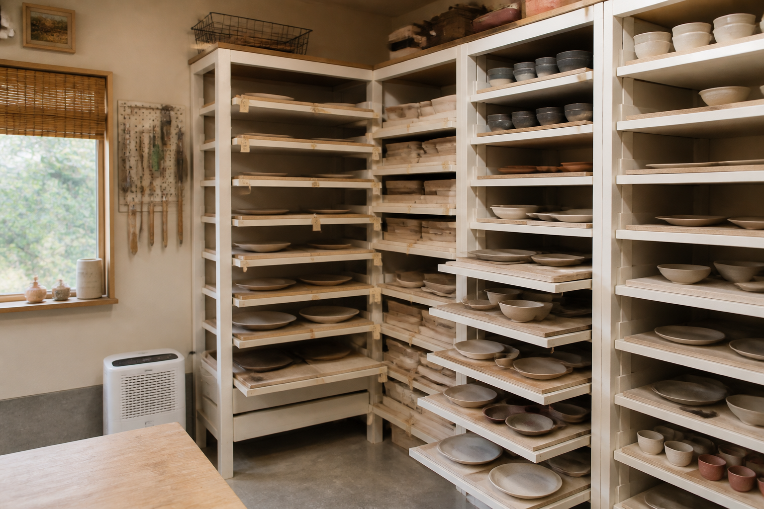 Adjustable floor to ceiling pottery drying shelves with sliding boards and dehumidifier