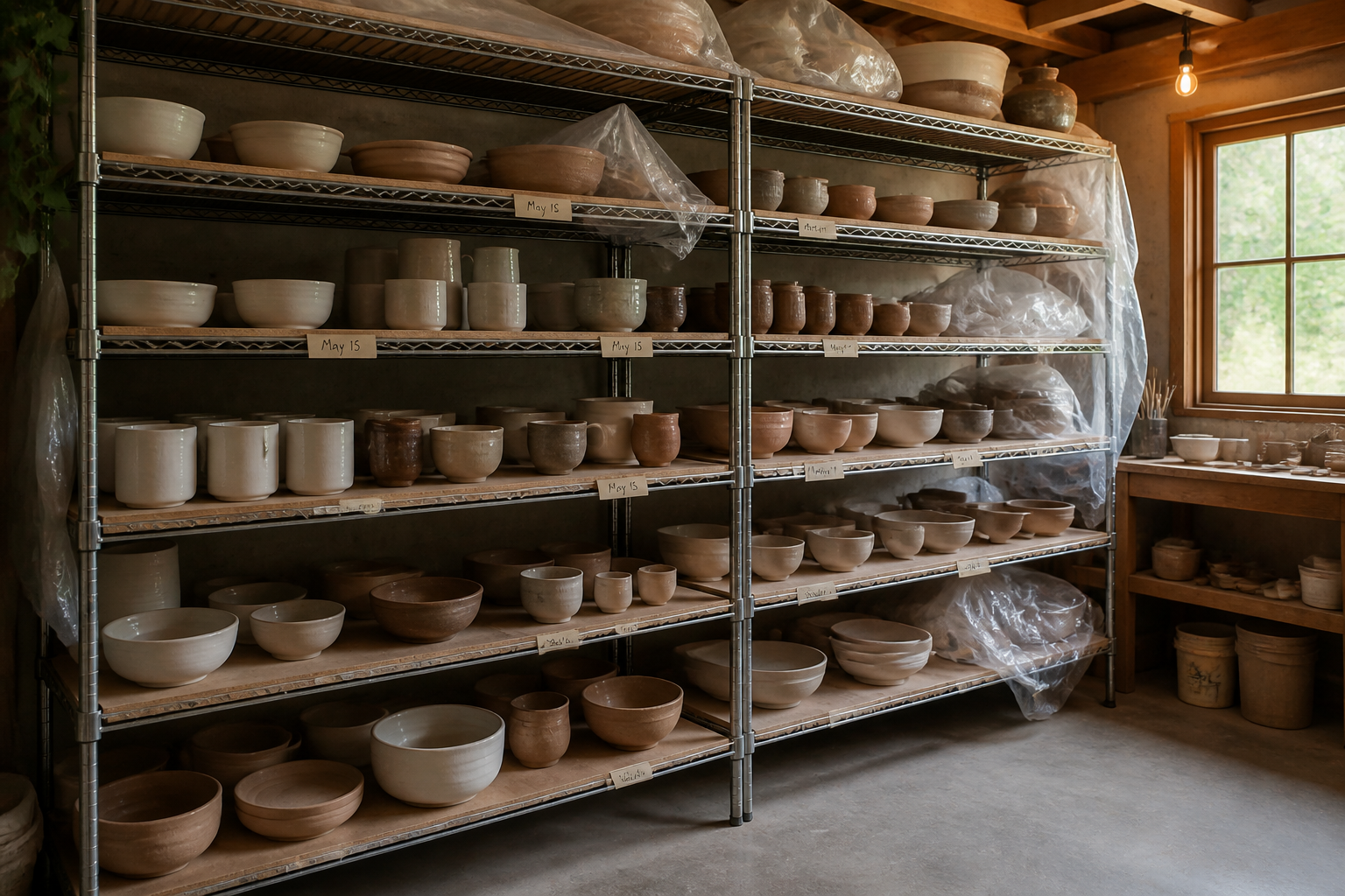 Wire shelving unit for drying pottery with wooden shelf liners and plastic sheeting covers