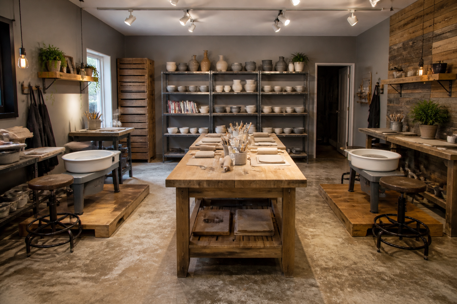 Dual pottery wheel garage studio with central butcher block workbench for hand building