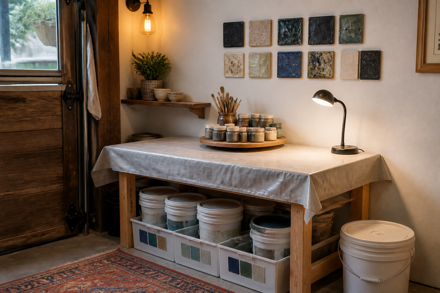 Budget-friendly pottery glazing table with lazy Susan organizer and labeled glaze storage bins