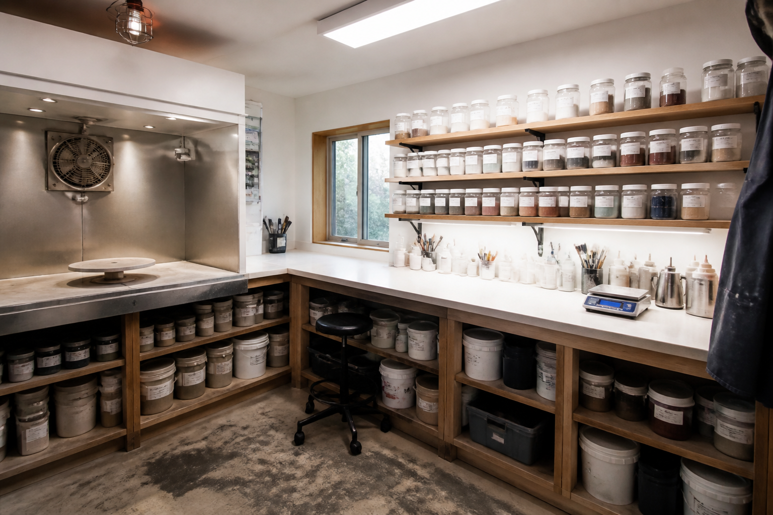 Professional pottery studio glazing area with spray booth, mixing station, and chemical storage
