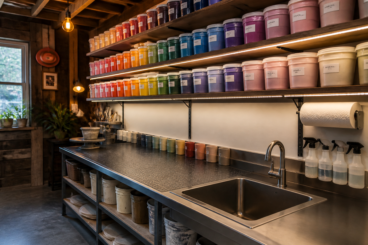 Garage pottery glazing station with stainless counter, organized glaze buckets, and utility sink