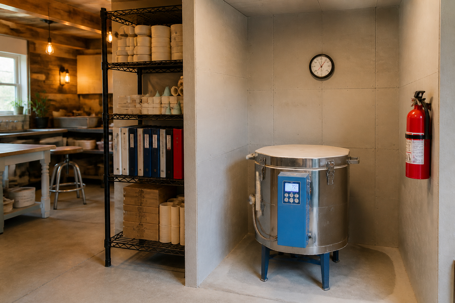Fireproof kiln alcove with cement board walls and organized kiln furniture storage