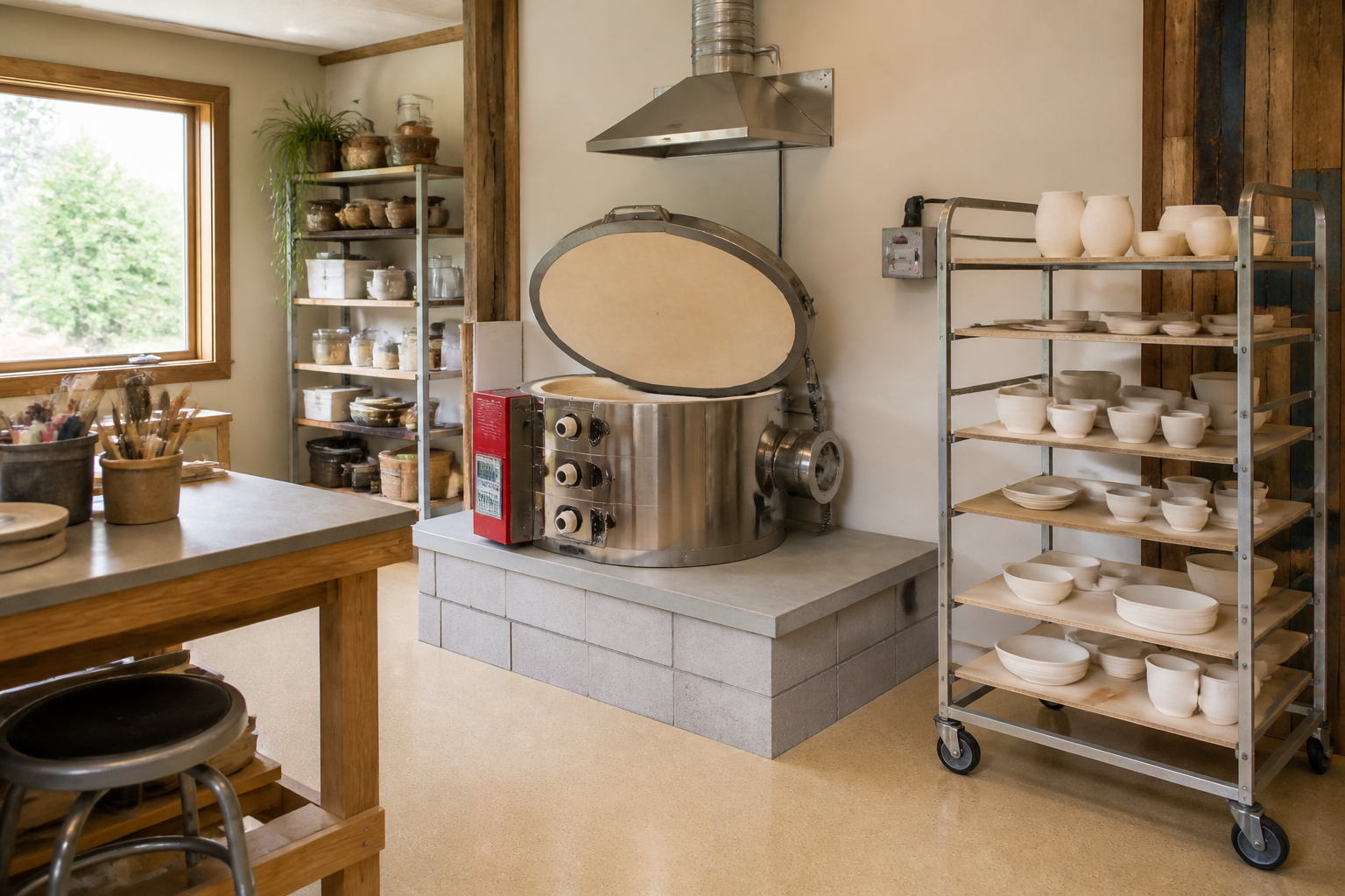 Large pottery kiln on concrete block platform with exhaust fan and bisque ware storage