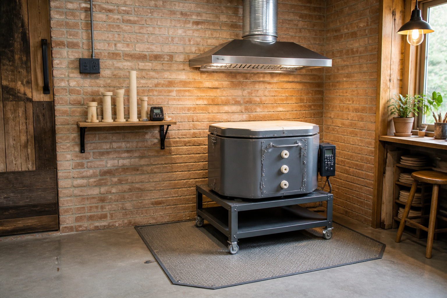 Electric pottery kiln on wheeled stand with ventilation hood and heat resistant flooring