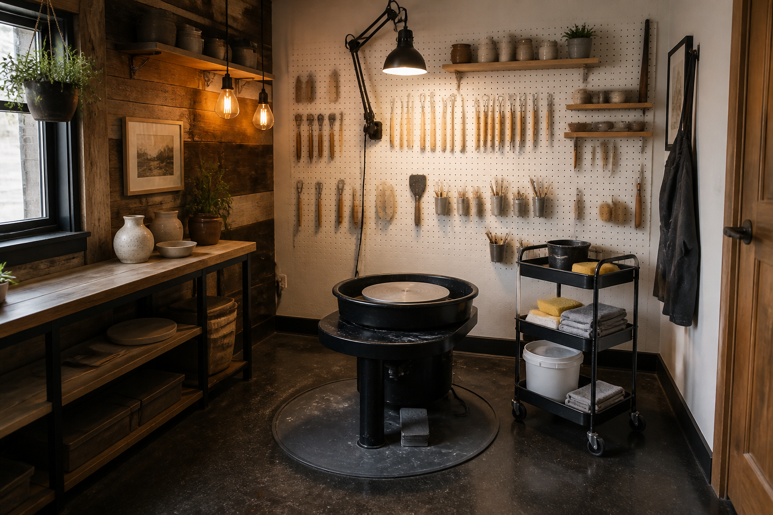 Compact pottery wheel station with pegboard tool storage and rolling supply cart