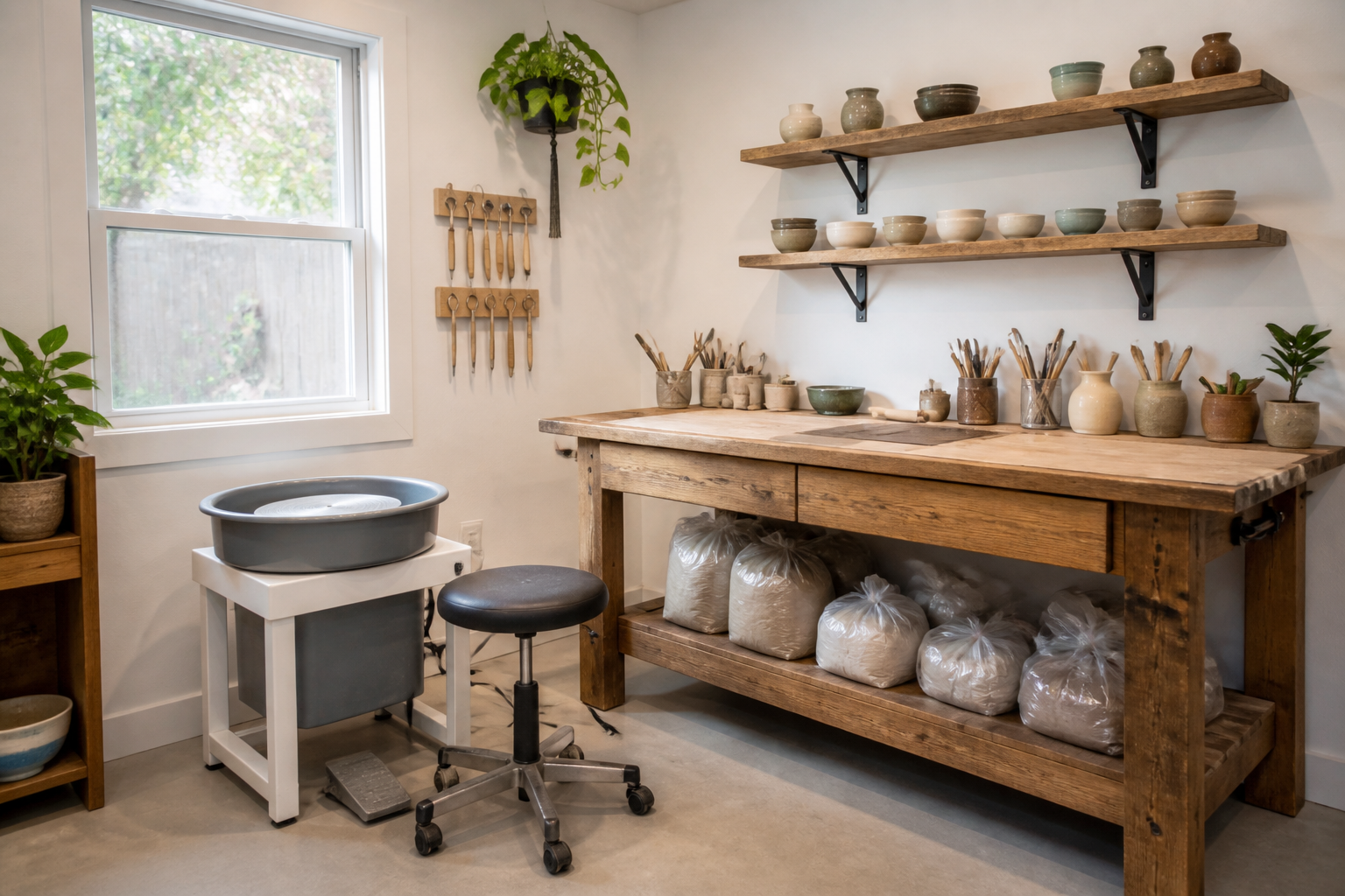 Garage pottery wheel setup with wooden workbench and natural window lighting
