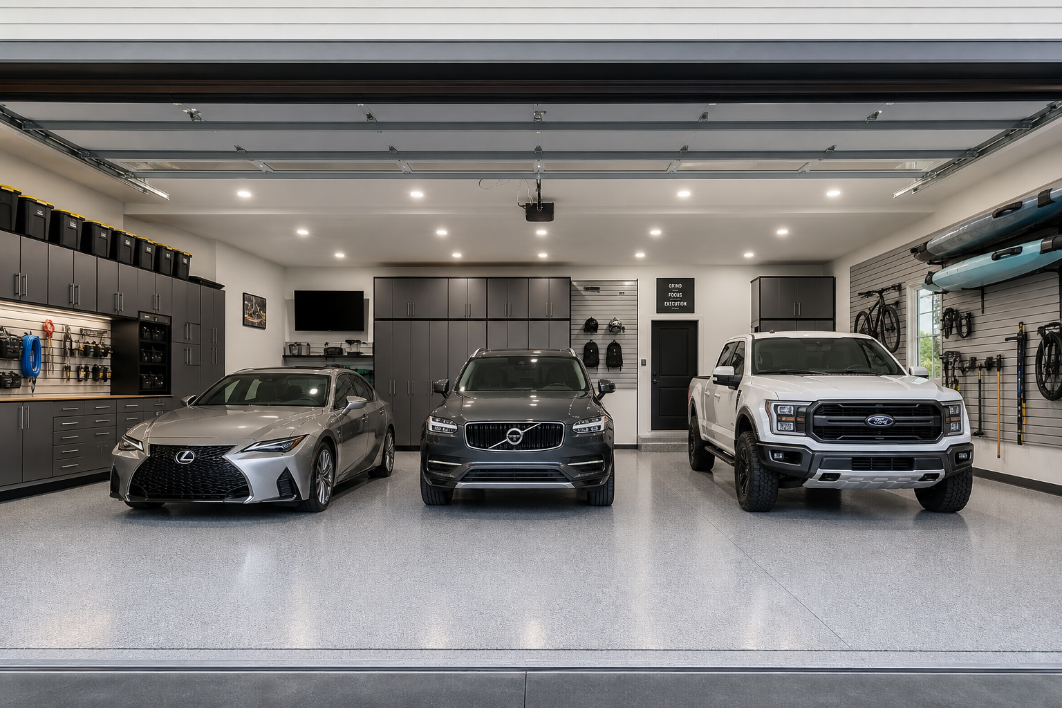 Interior view of three-car garage with three vehicles showing layout and spacing