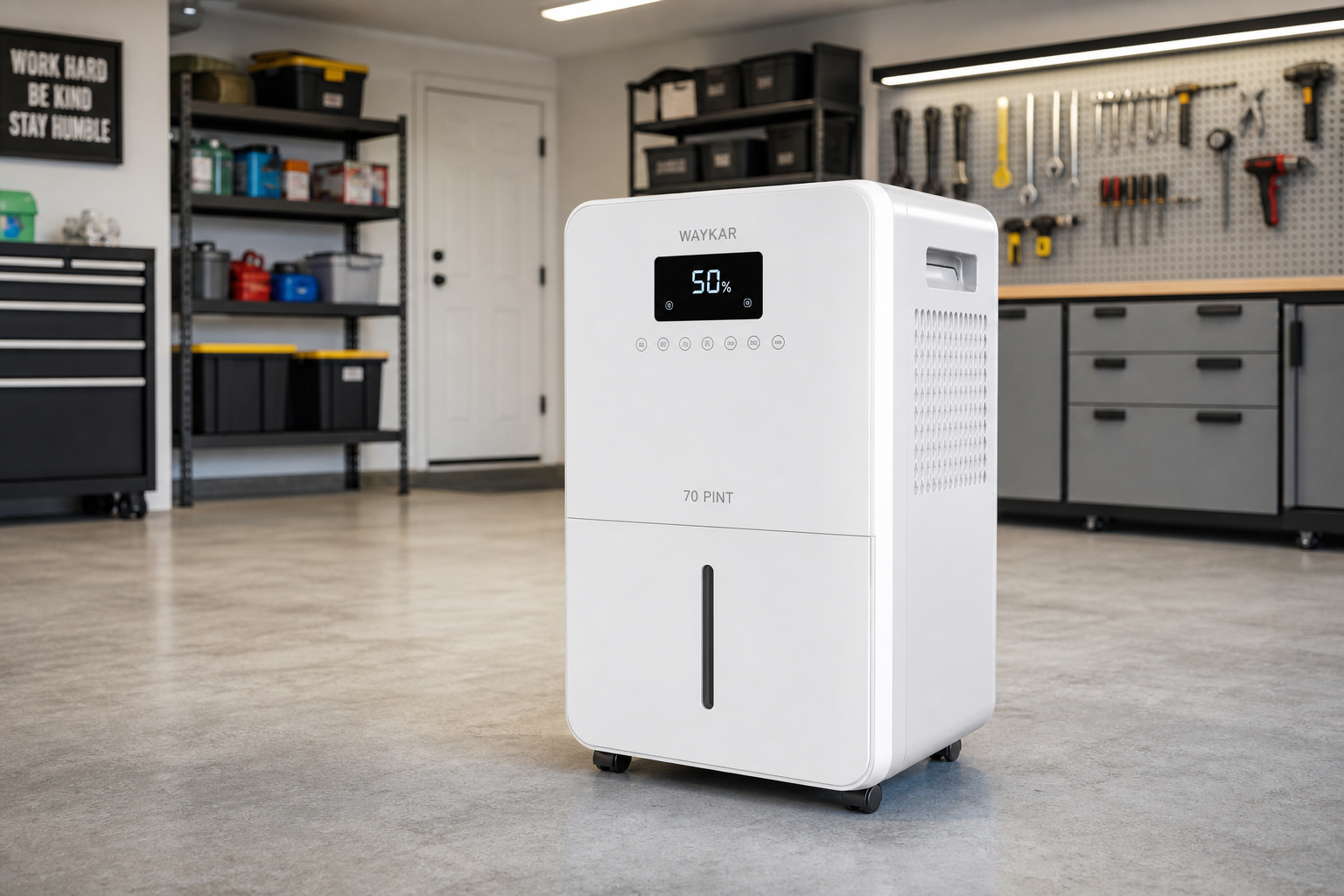 Large capacity dehumidifier unit in organized residential garage