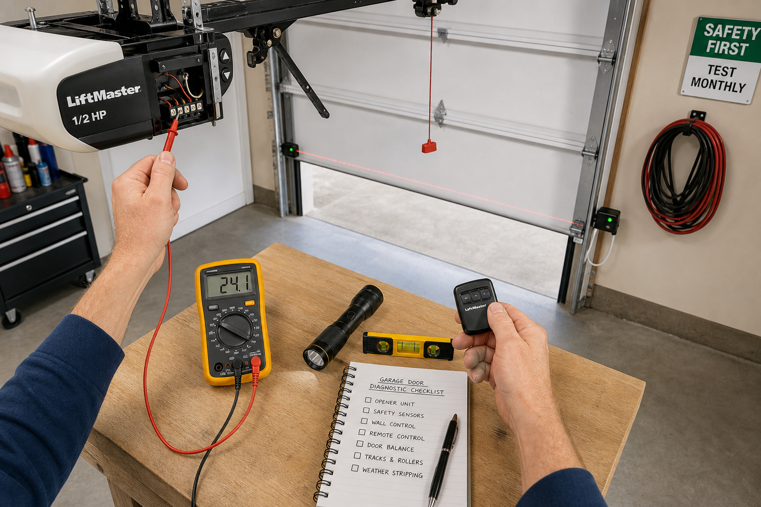 Systematic garage door troubleshooting with diagnostic tools