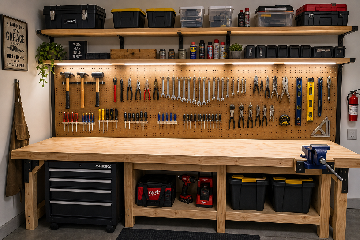 Finished garage workbench with pegboard backsplash and organized tool storage