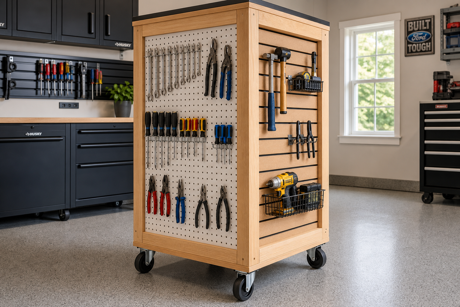 Tool cart with pegboard and slatwall panels holding various hand tools