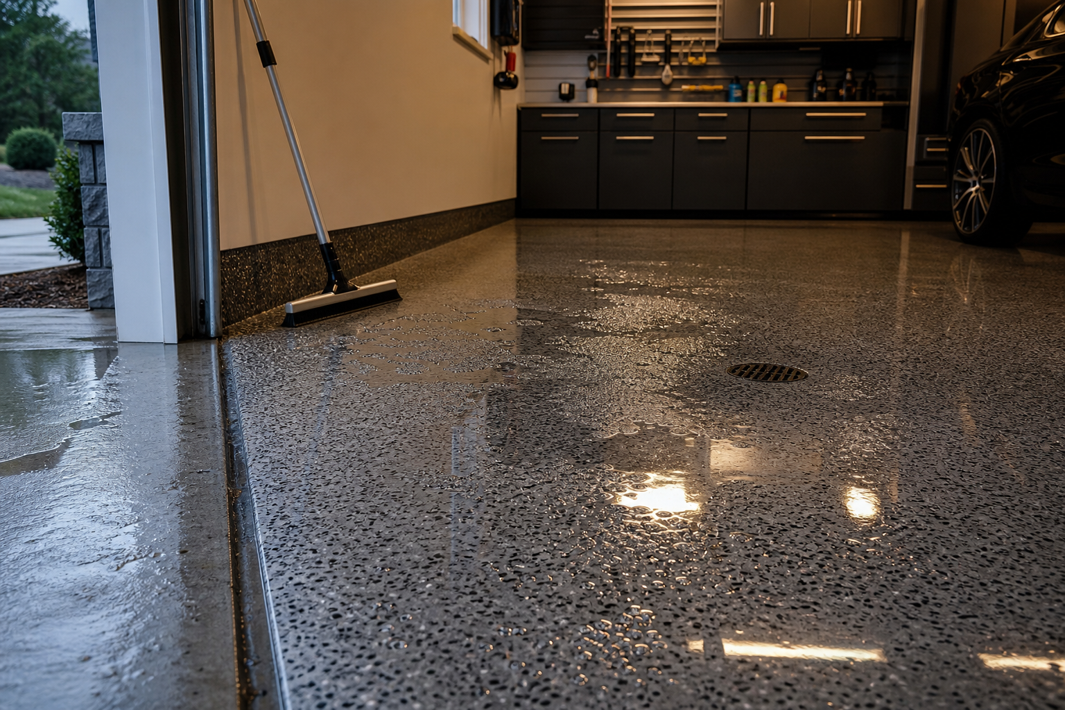 Water pooling on garage floor showing drainage problems