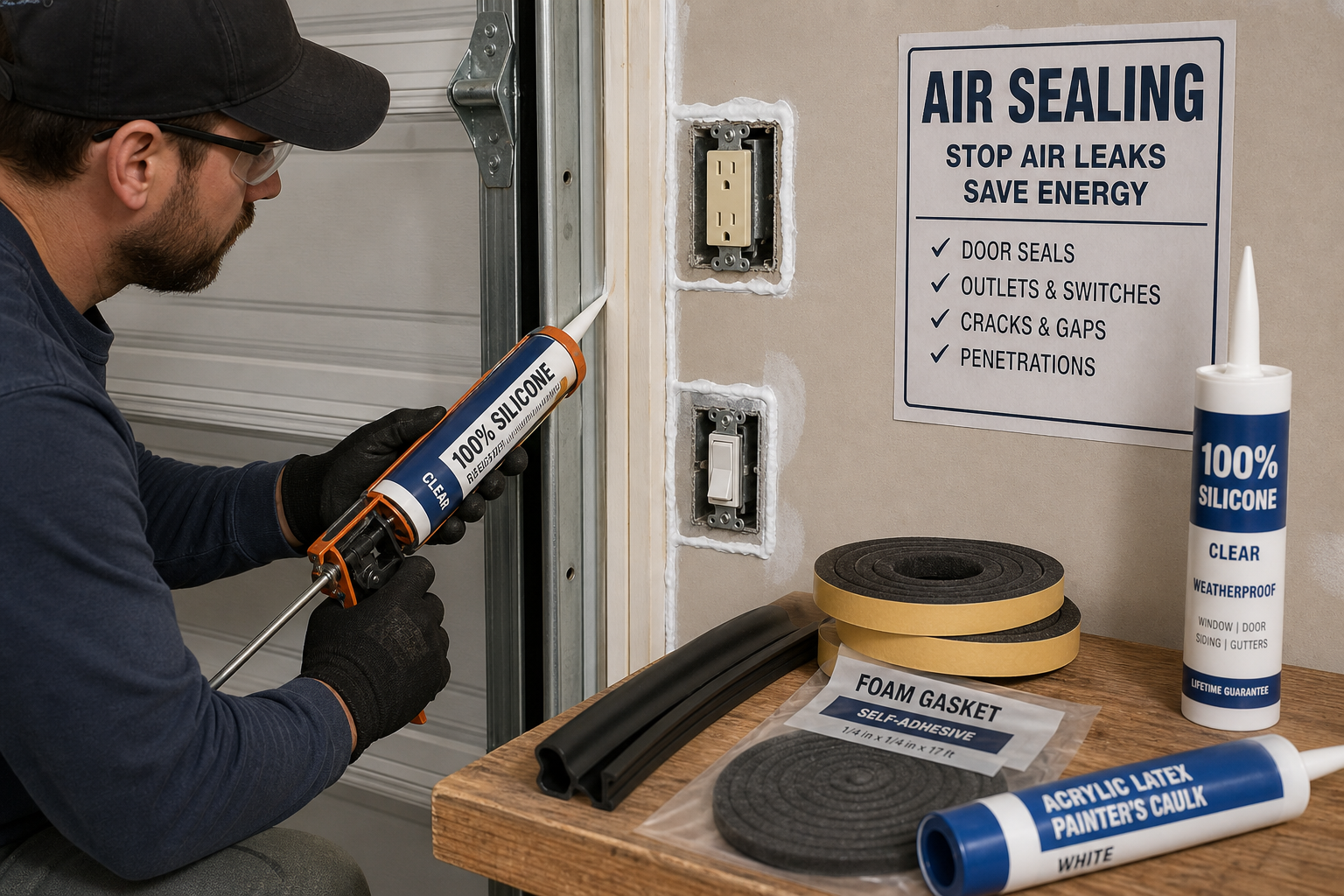 Hand applying caulk to seal air gaps around garage door frame