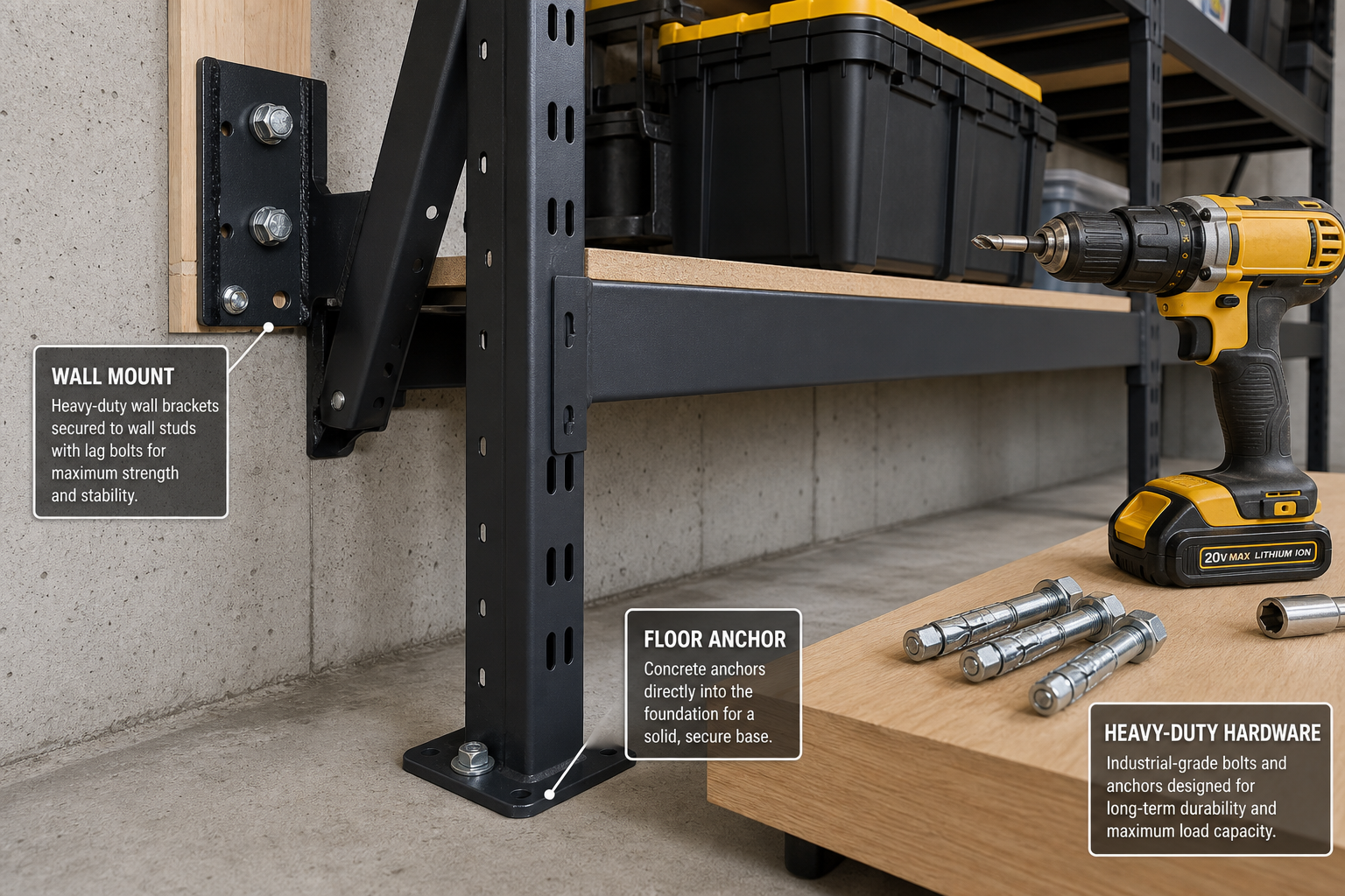 Close-up view of heavy-duty shelving unit being anchored to garage wall and concrete floor with metal brackets and bolts