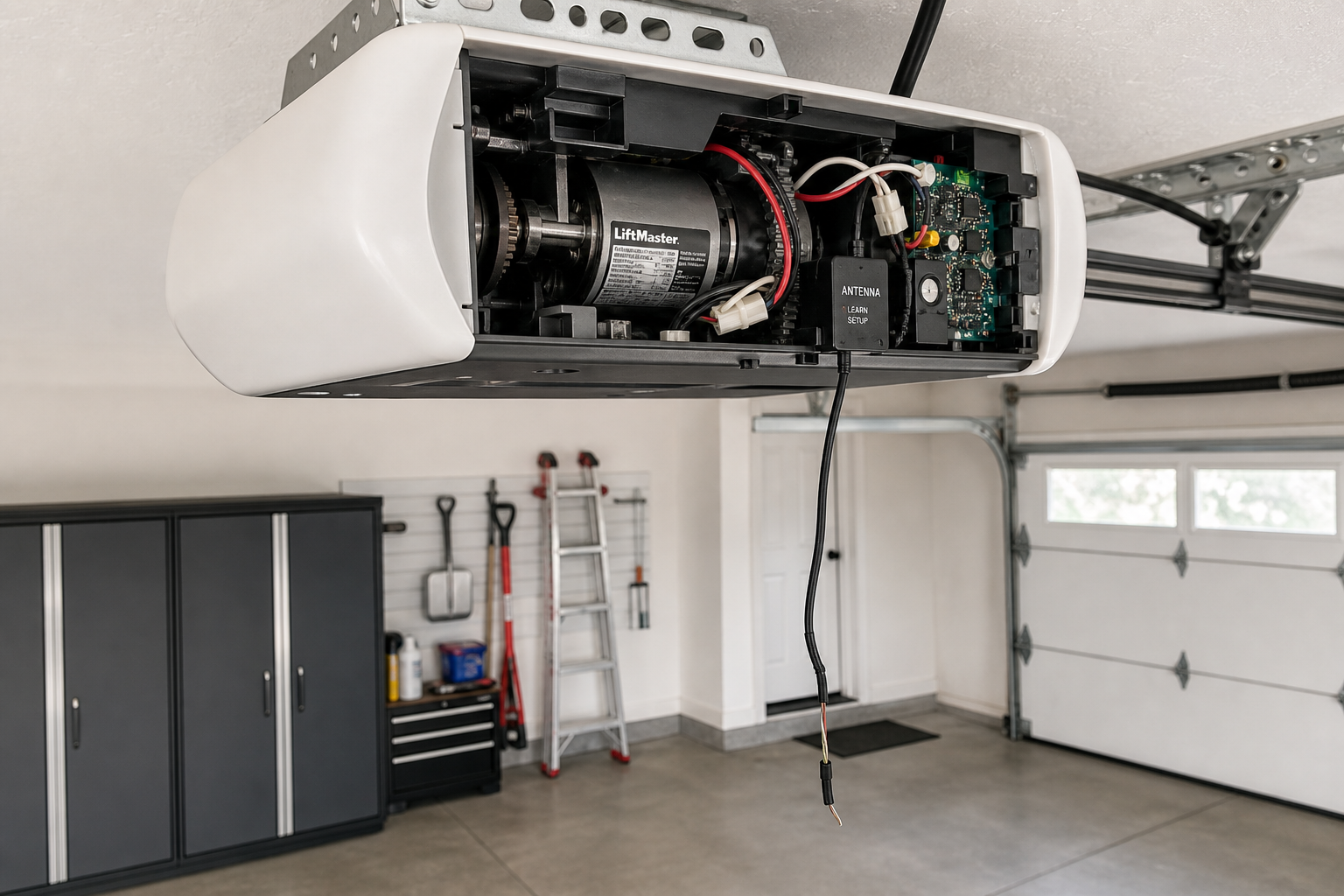Garage door opener motor unit with damaged antenna wire