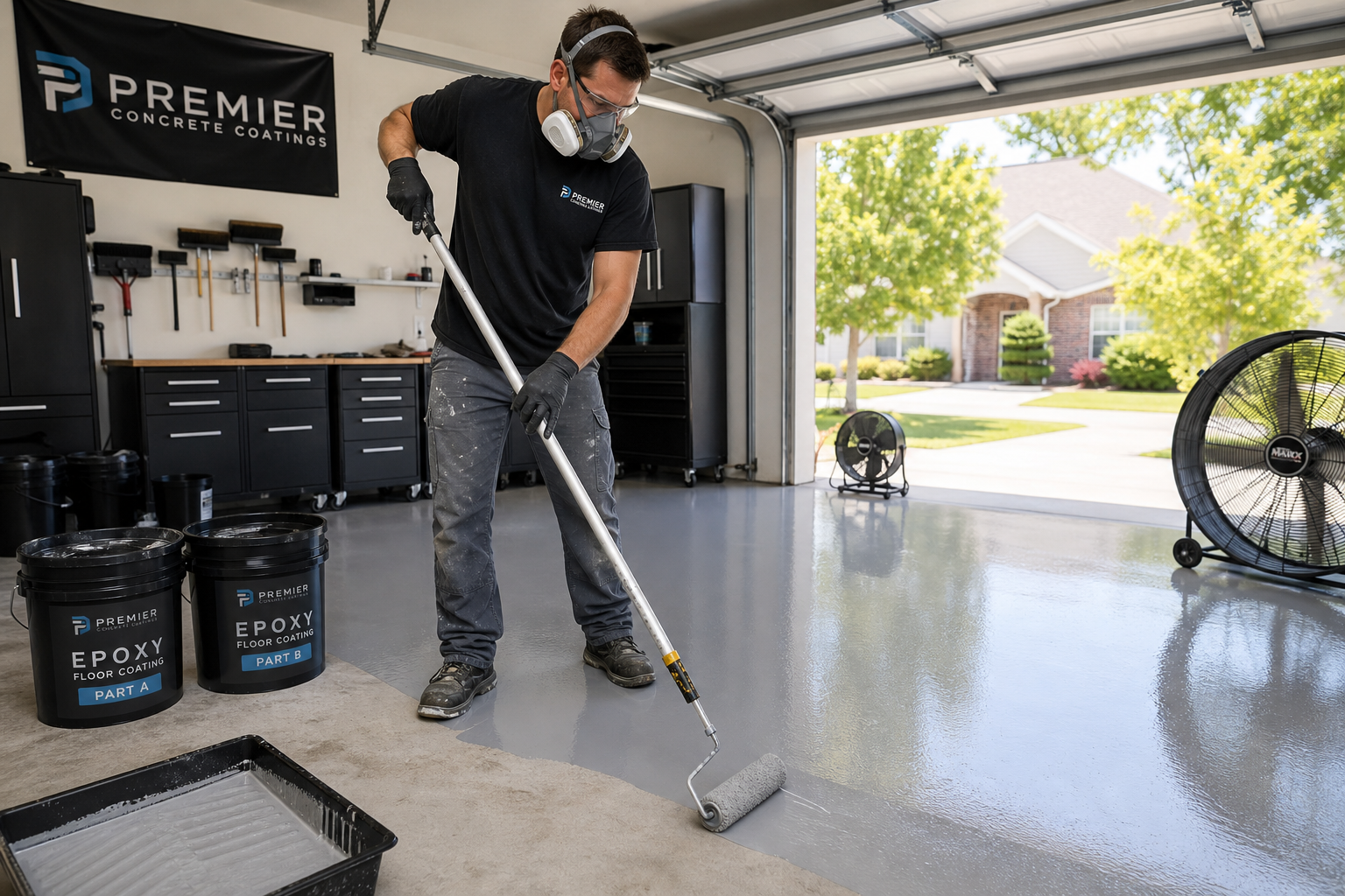 Professional contractor applying epoxy floor coating using proper techniques and safety equipment
