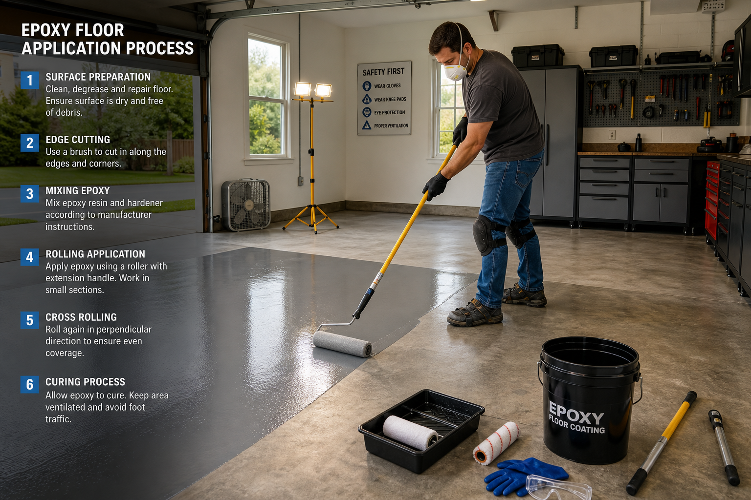 Professional application of epoxy coating on garage floor showing proper technique and safety gear