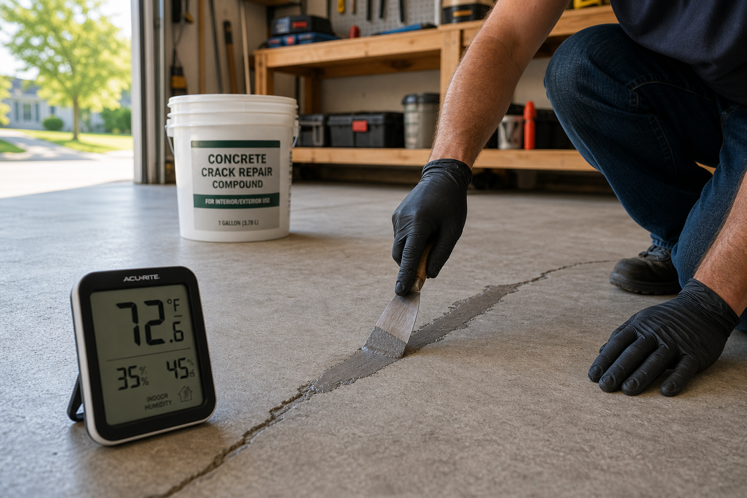 Person applying concrete crack repair with thermometer showing proper temperature
