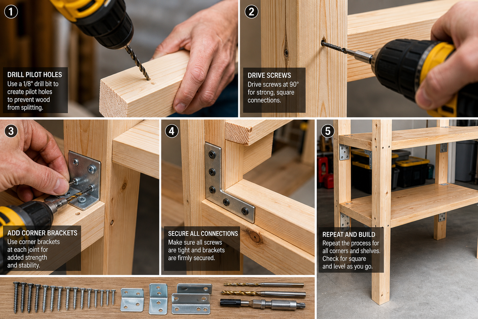 Hands demonstrating proper assembly techniques for wooden shelving construction