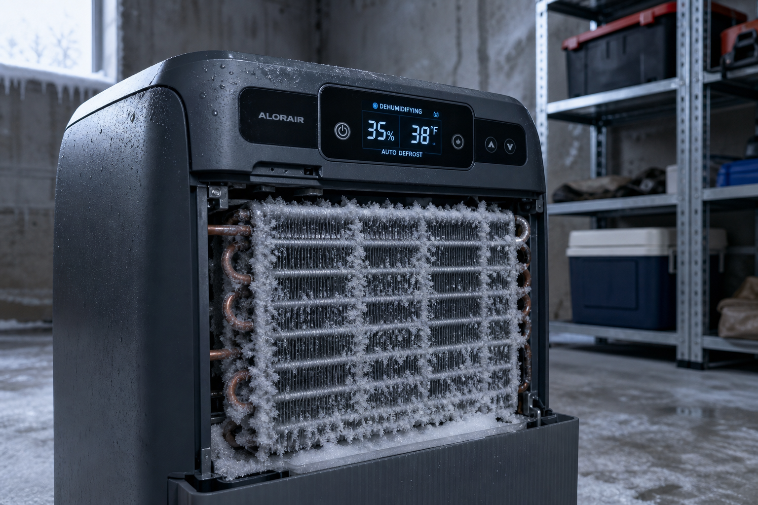 Garage dehumidifier with frost formation on coils demonstrating auto-defrost feature in cold conditions