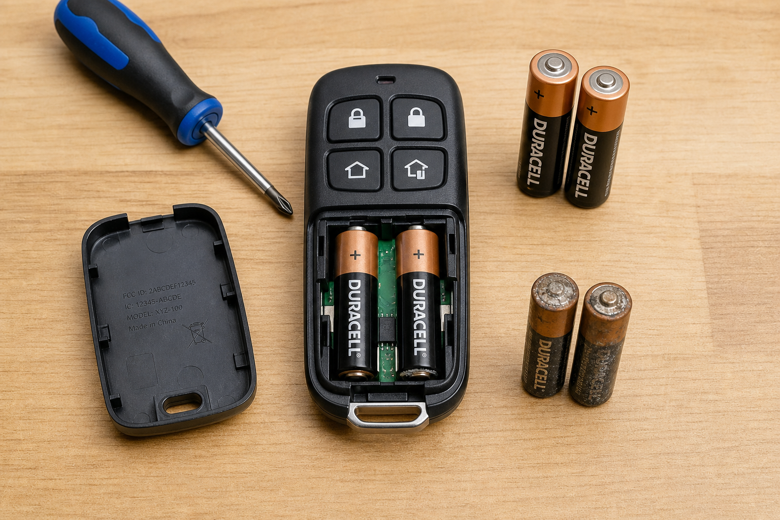 Open garage door remote control showing battery compartment with replacement batteries