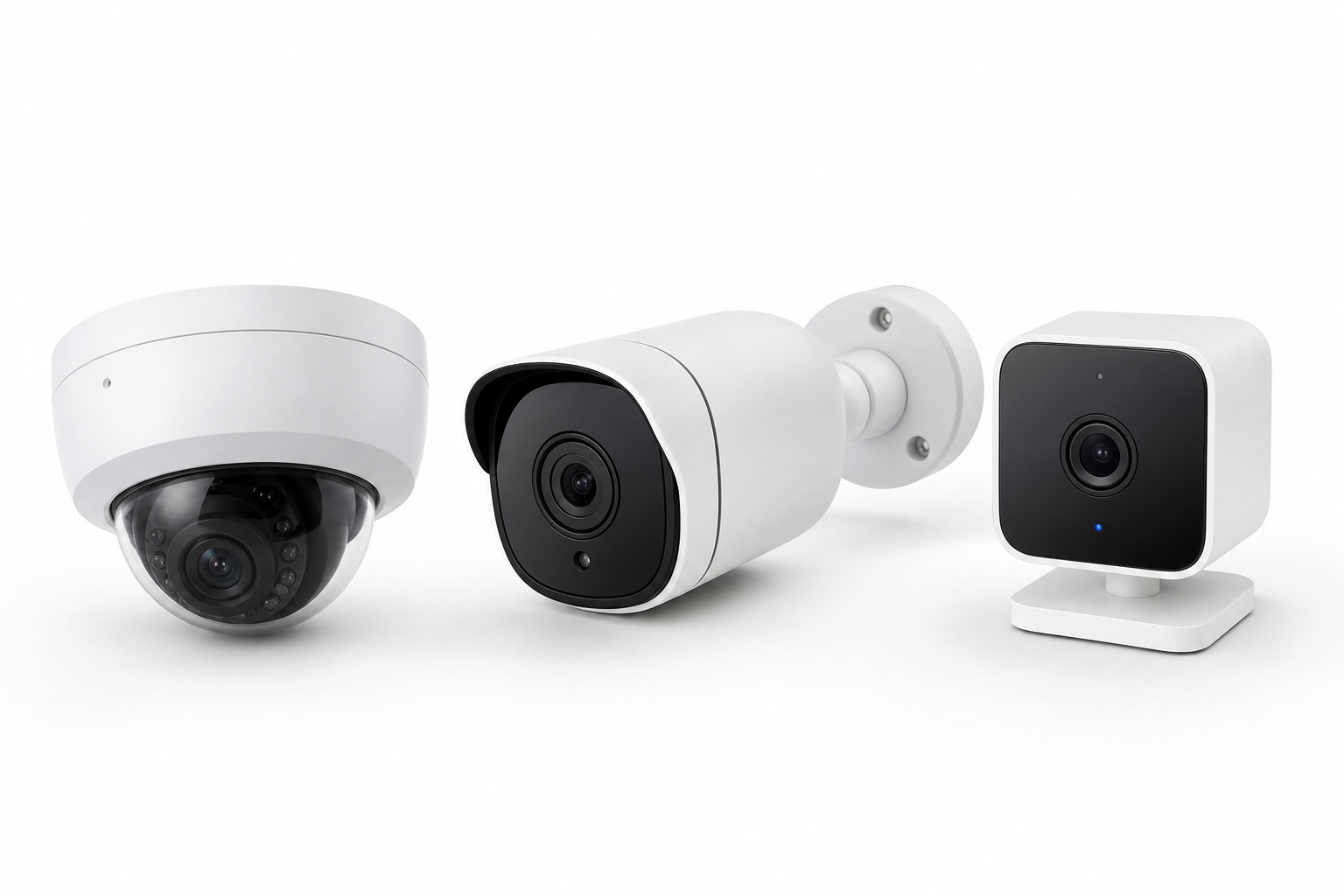 Three different styles of modern security cameras displayed on white background