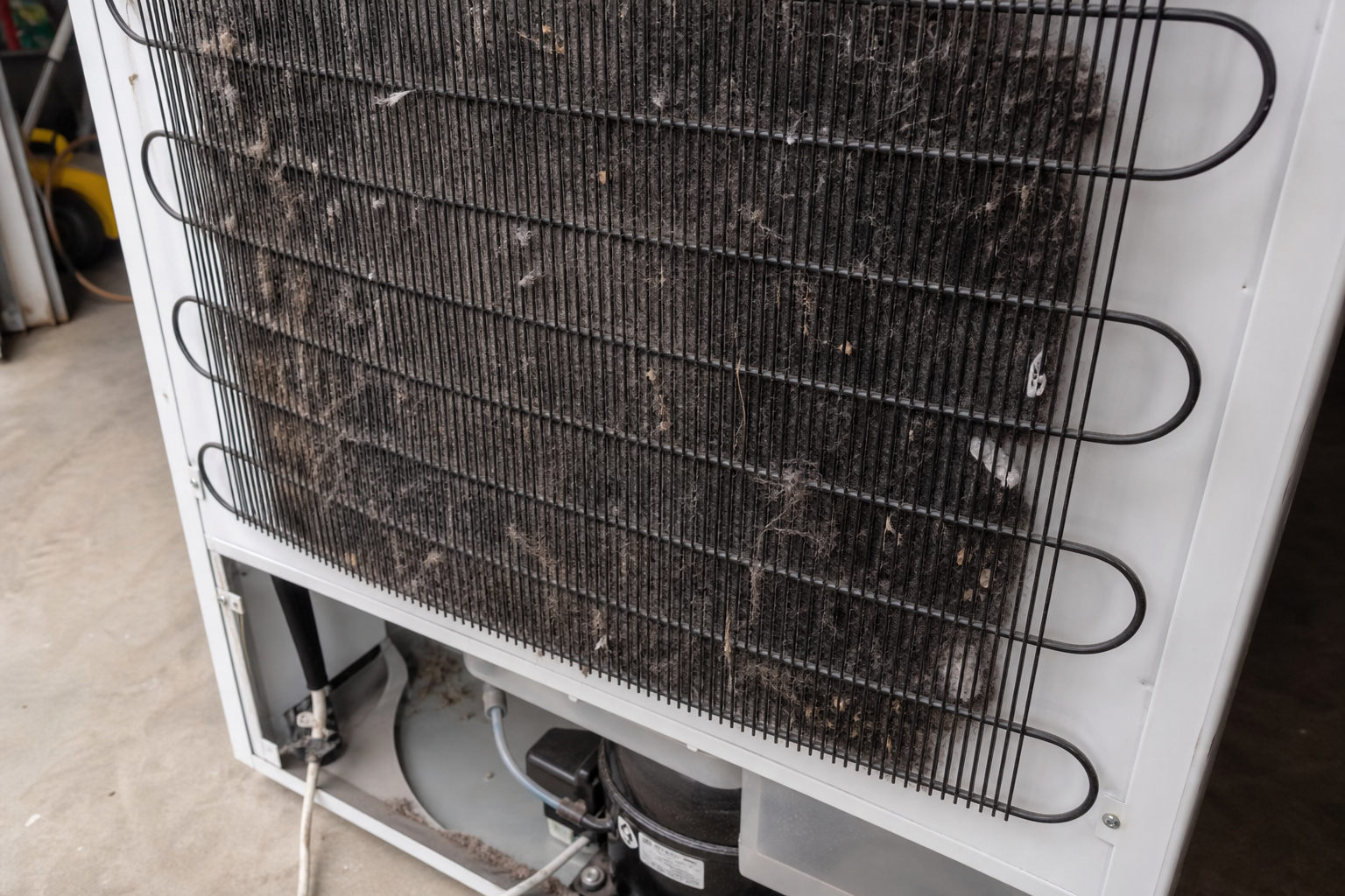 Dirty and clogged refrigerator condenser coils covered in dust and debris