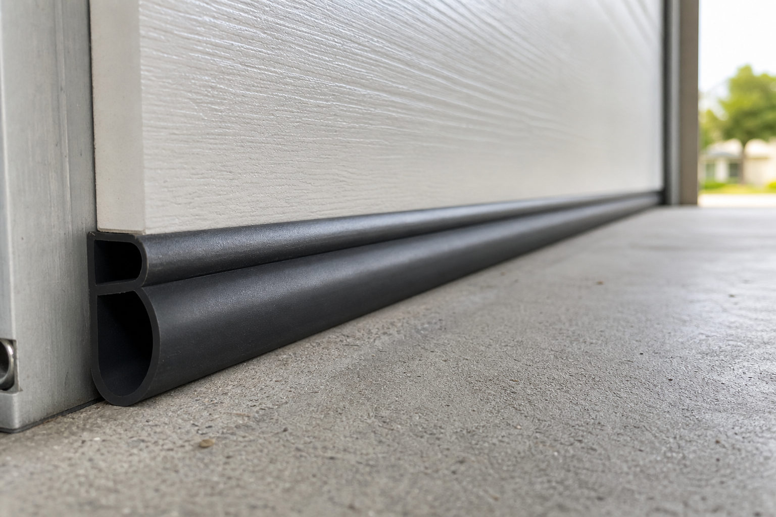 Garage door bottom weatherstripping seal installed on threshold