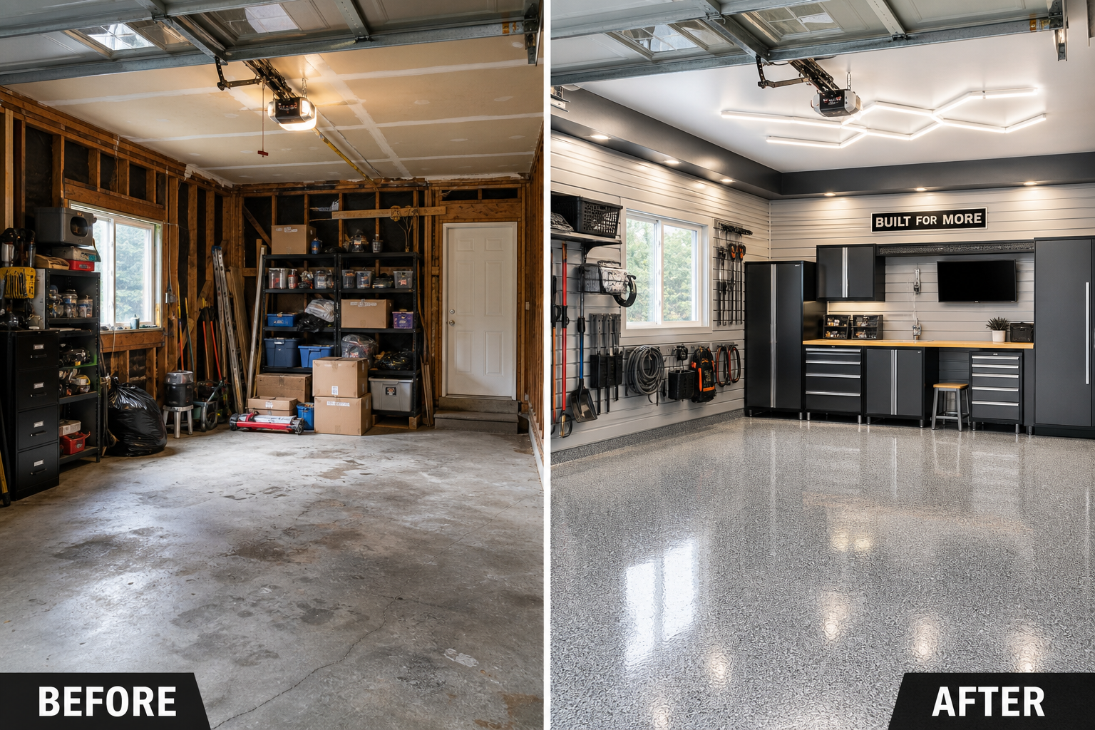 Before and after garage transformation showing cost differences