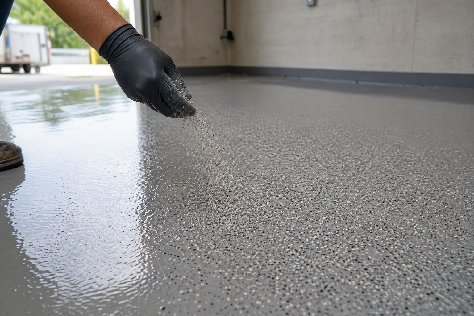 Hand applying anti-slip granules to wet epoxy garage floor coating