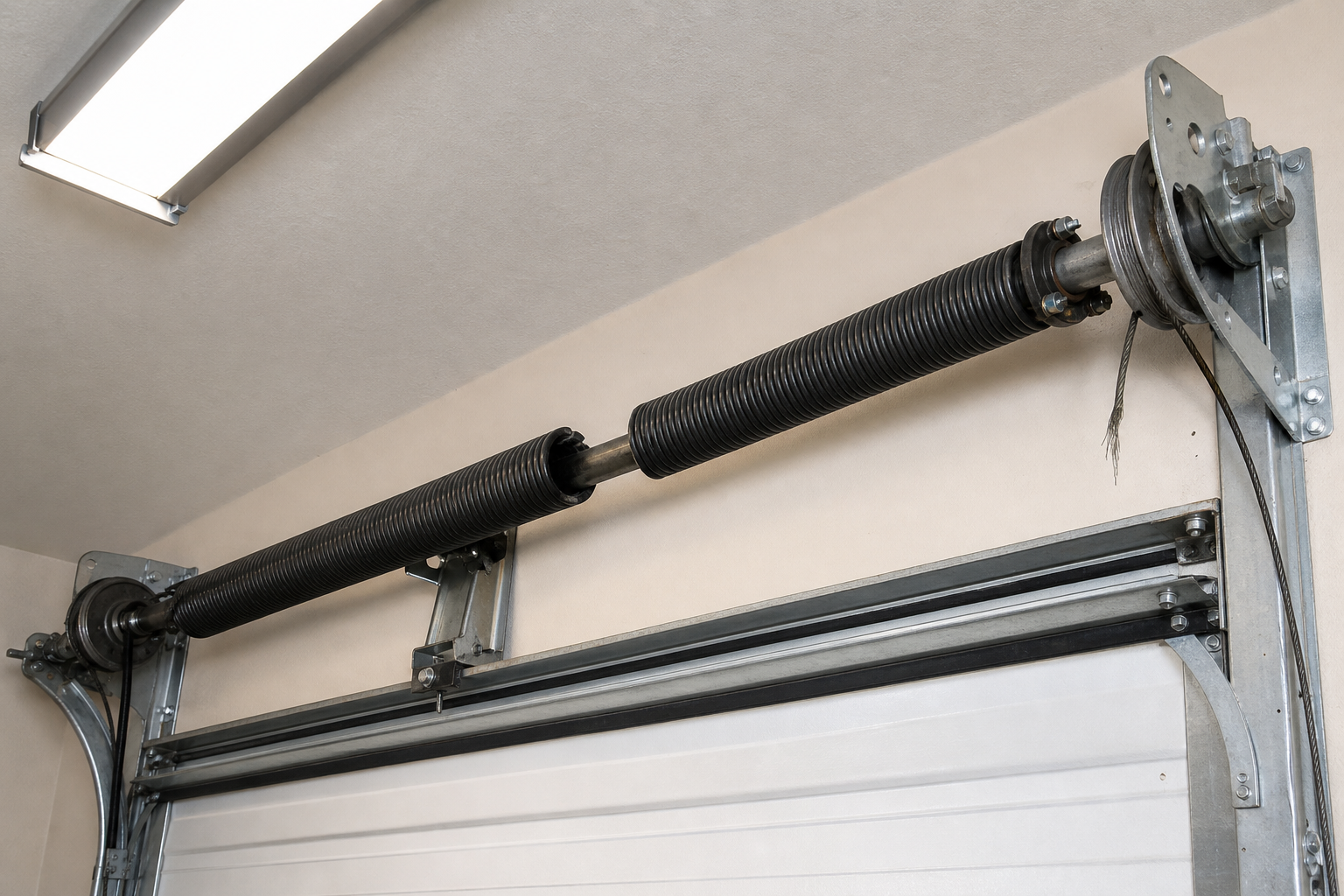 Broken garage door spring and cable system requiring repair