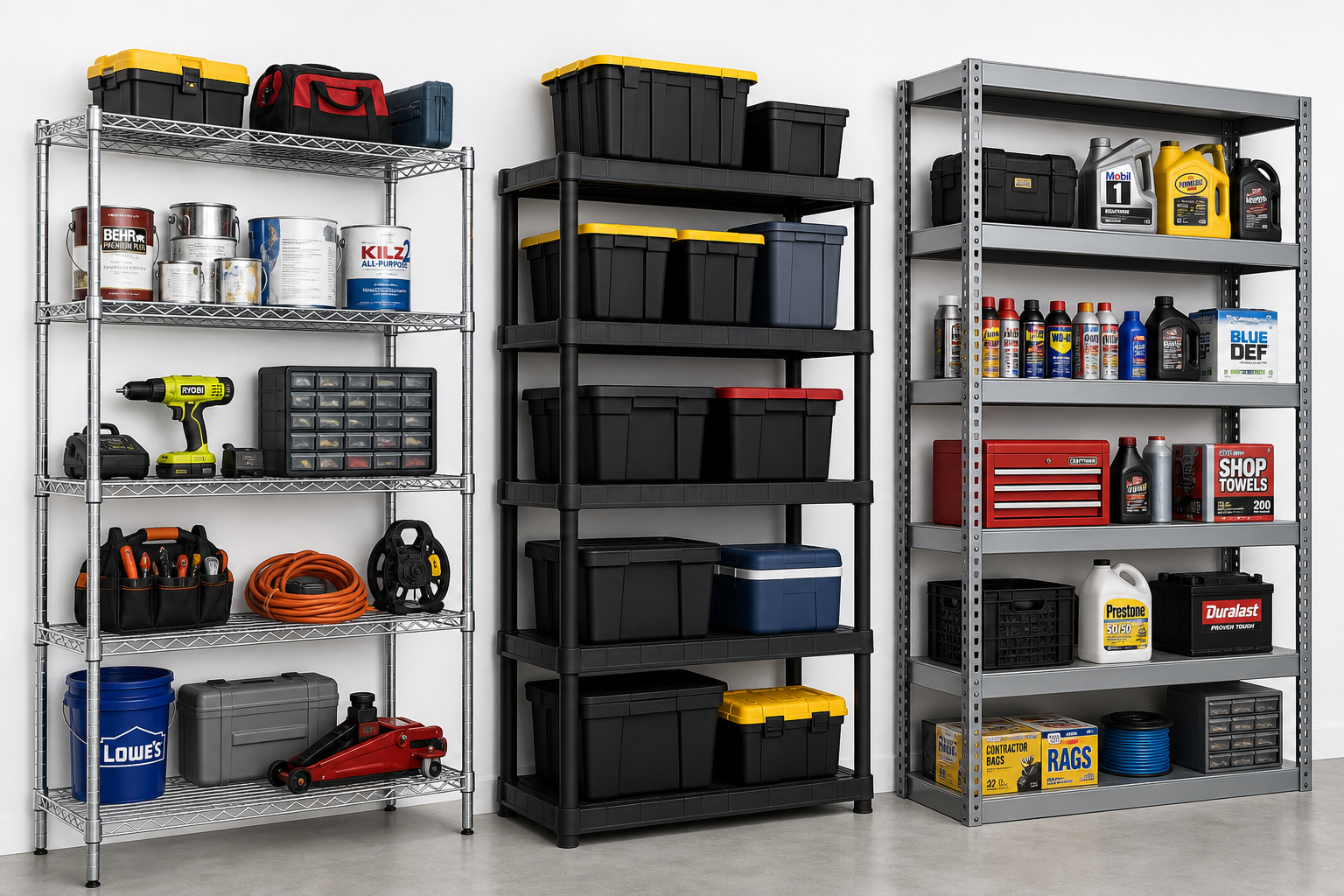 Comparison of three garage shelving types: wire, plastic, and steel shelving systems