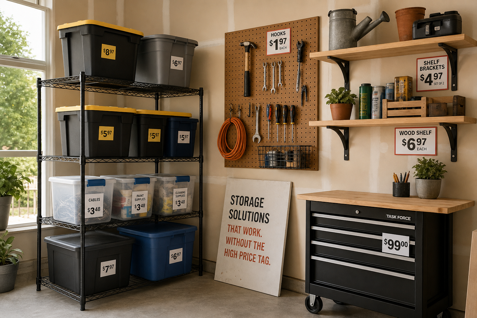 Budget-friendly garage storage setup with plastic bins, wire shelving, and basic pegboard system