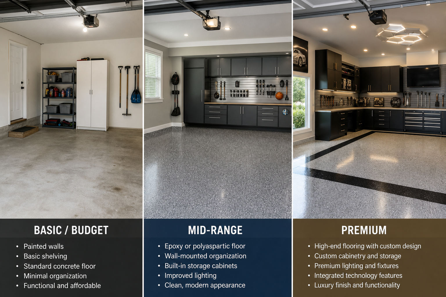 Three garage renovation scenarios showing budget, mid-range, and premium upgrade options
