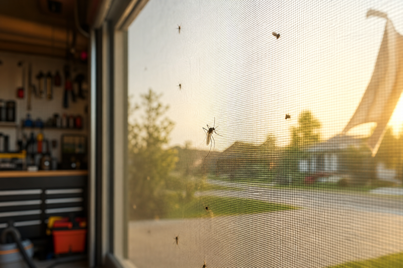 Garage door screen mesh blocking insects while allowing airflow