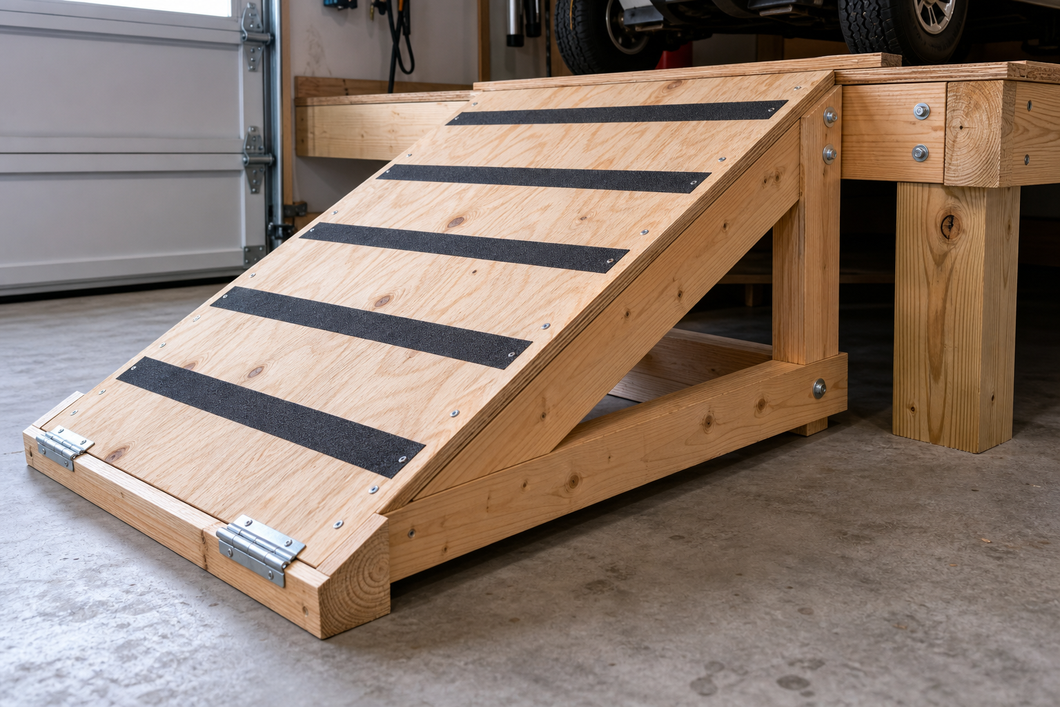 DIY wooden loading ramp with anti-slip surface for golf cart storage rack