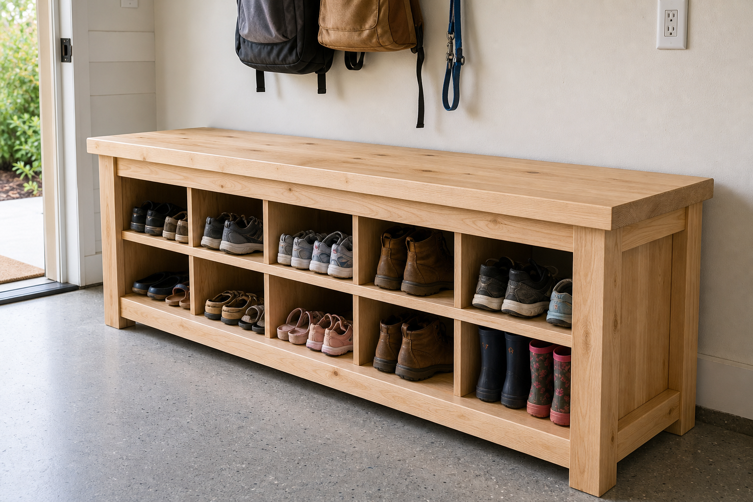 Custom wooden shoe bench with organized storage compartments underneath