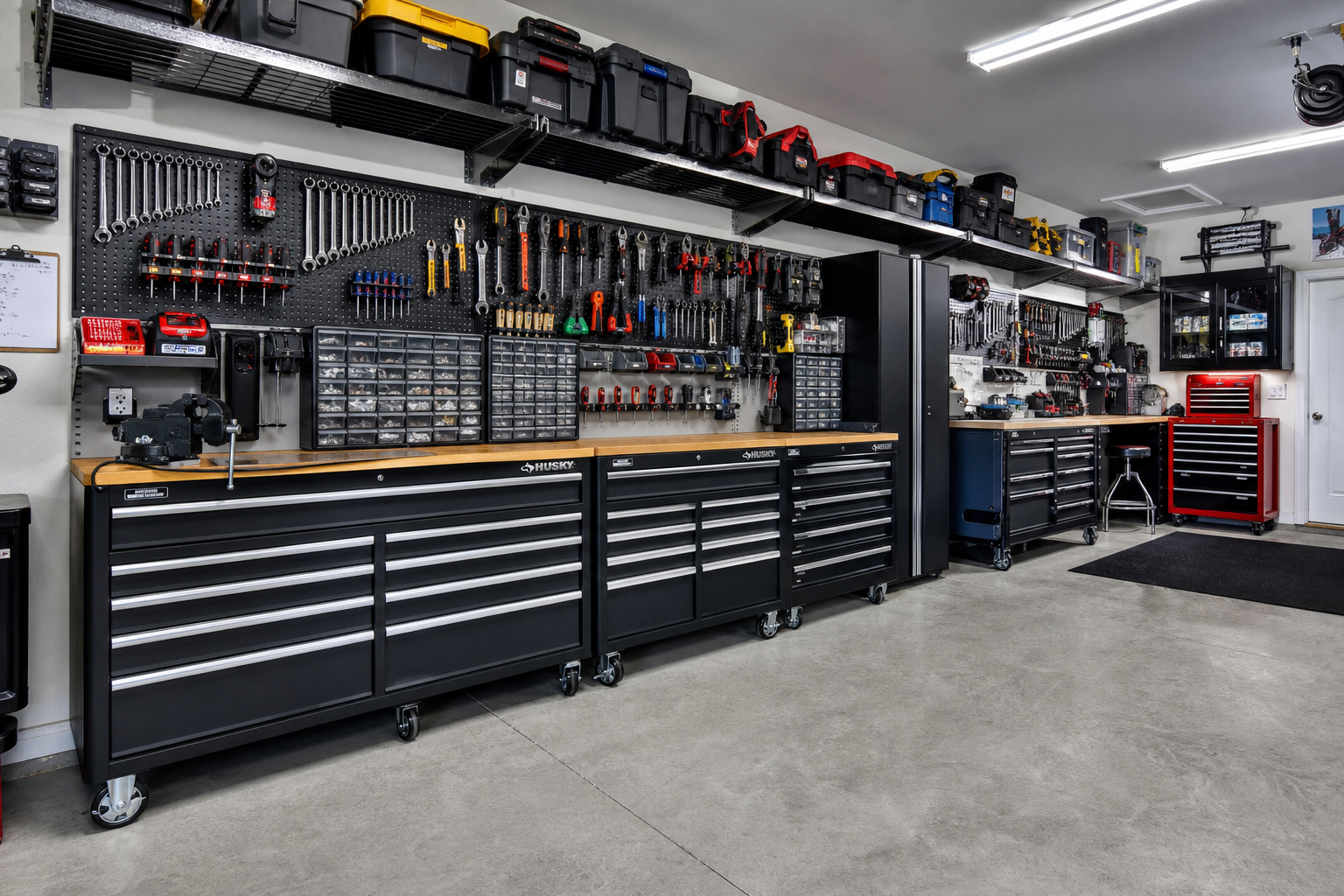 Complete garage tool storage system with multiple organizational solutions