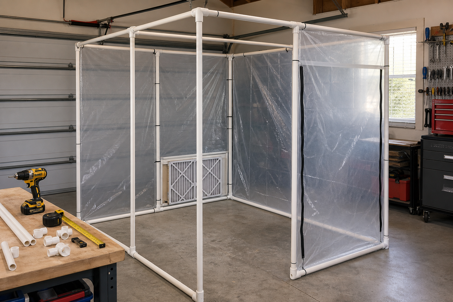 Partially constructed DIY spray booth enclosure frame with plastic sheeting in garage