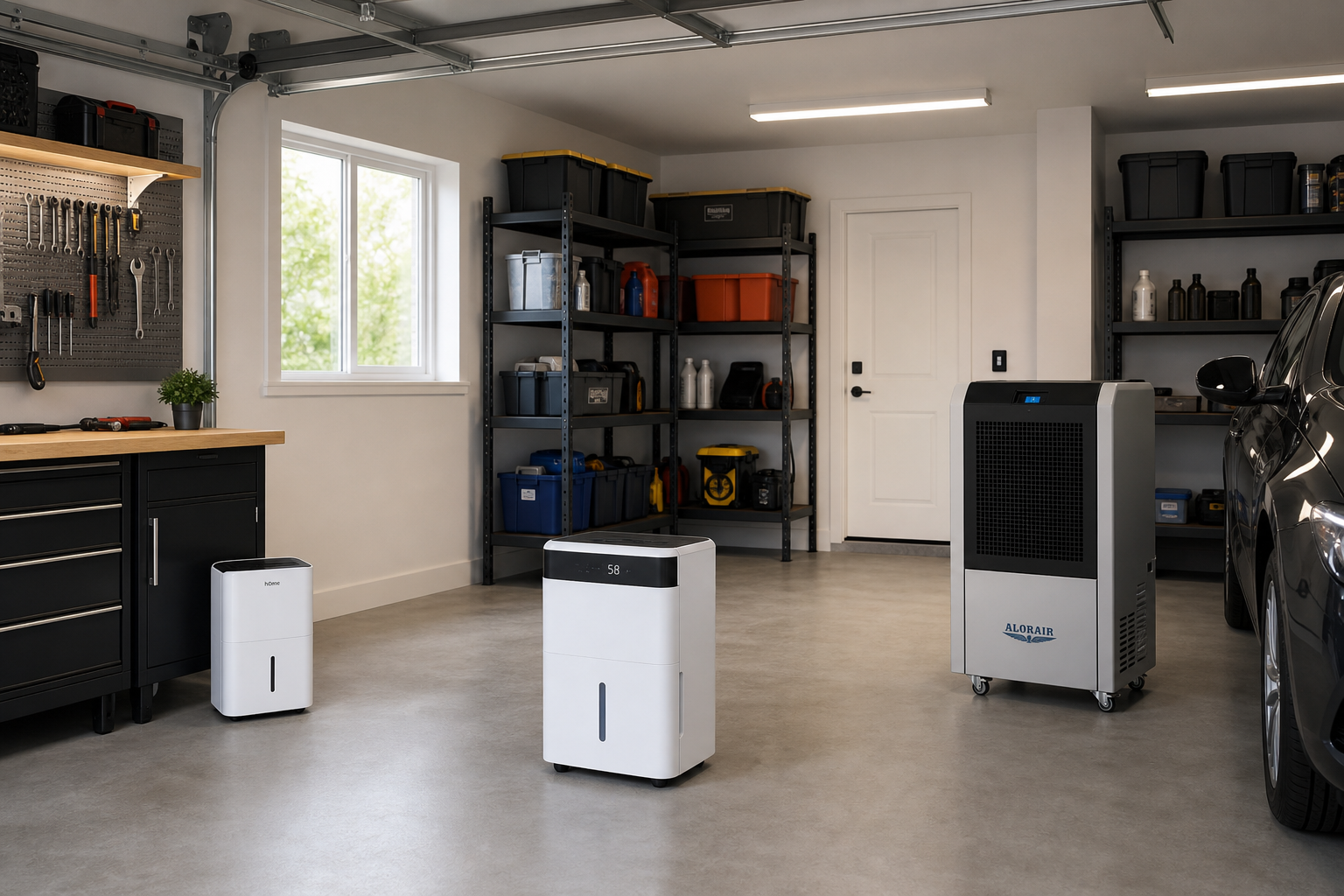 Different sized dehumidifiers positioned throughout a residential garage to show coverage areas