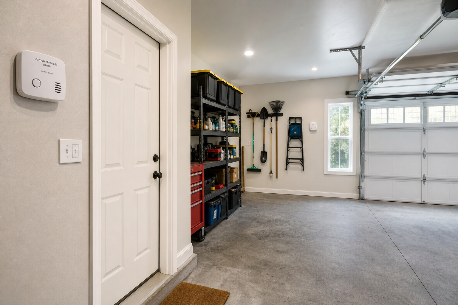 Carbon monoxide detectors properly mounted on garage walls in strategic locations