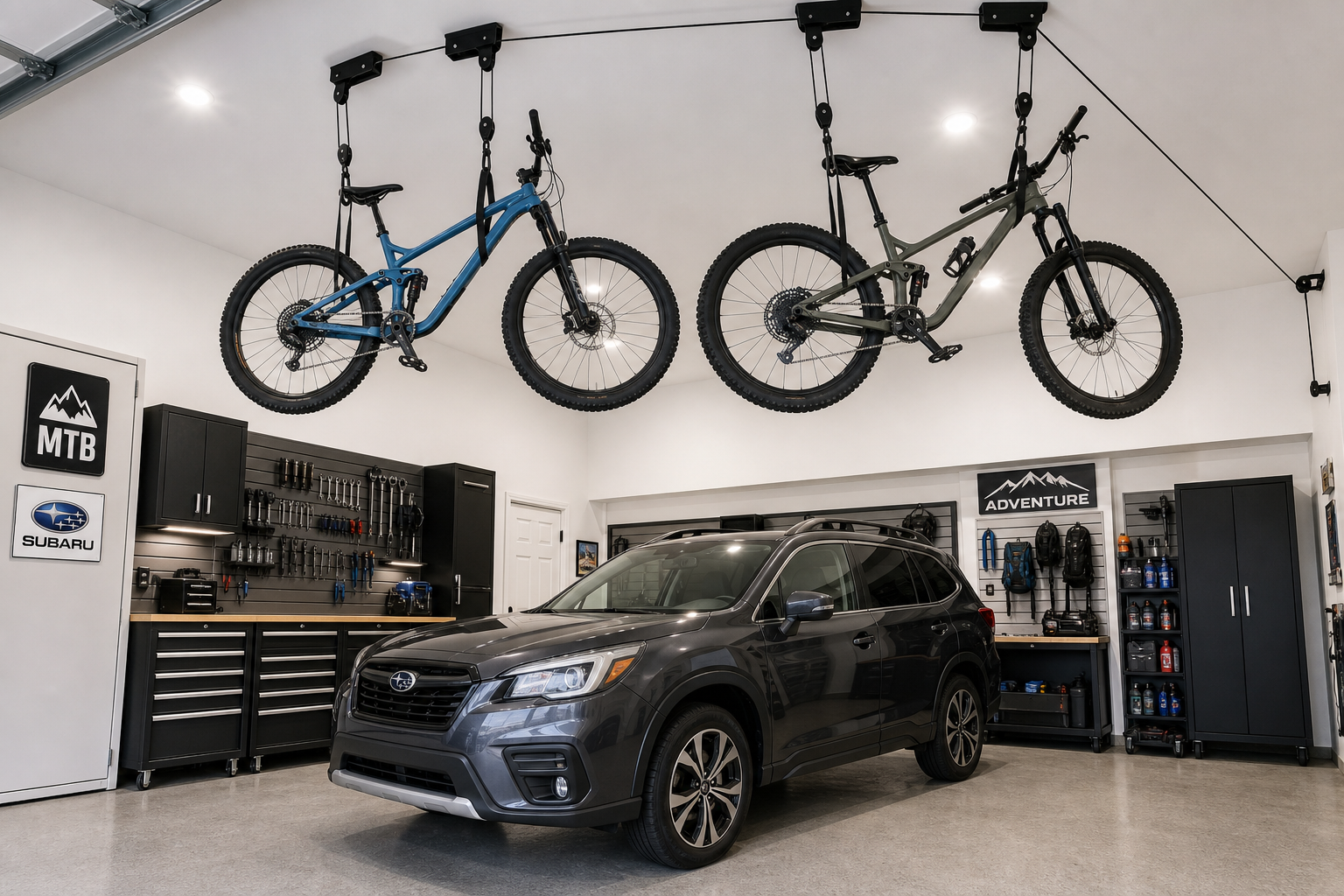Ceiling-mounted bike hoist system suspending two bicycles overhead in organized garage