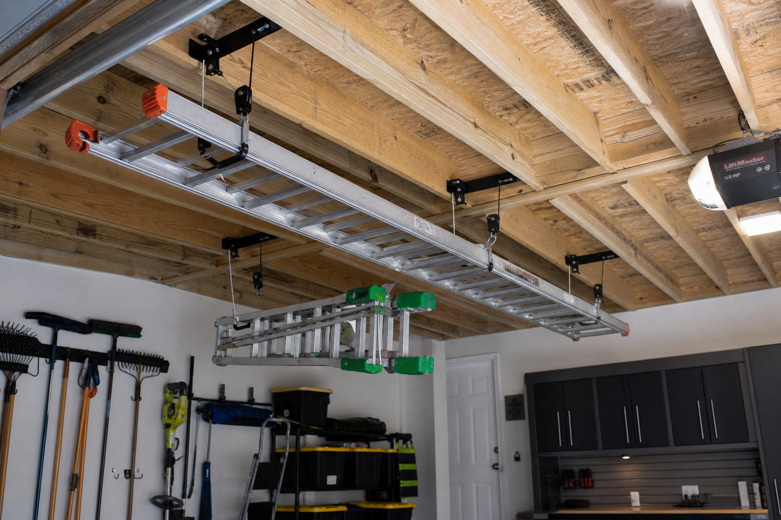 Ceiling-mounted ladder storage system with ladders suspended overhead in garage