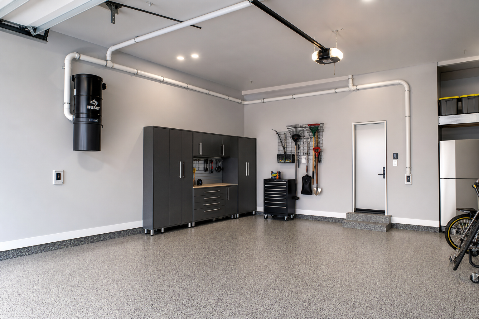Central vacuum system with multiple inlet ports installed in modern garage