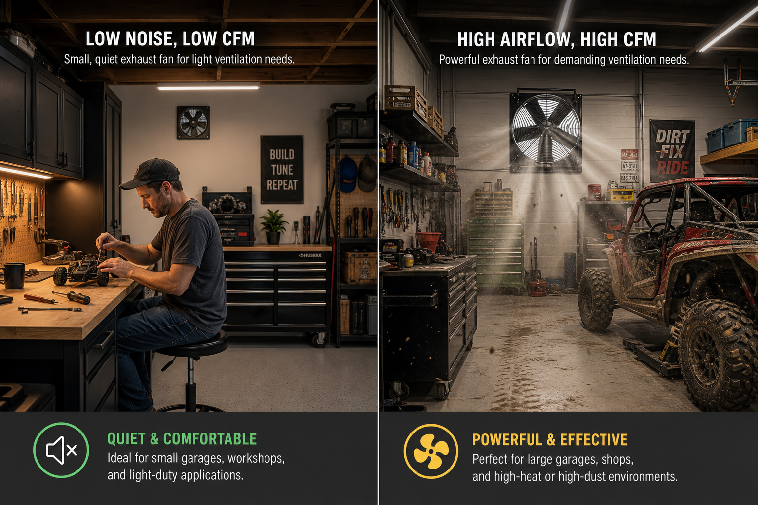 Comparison of quiet low-CFM and powerful high-CFM garage exhaust fan scenarios