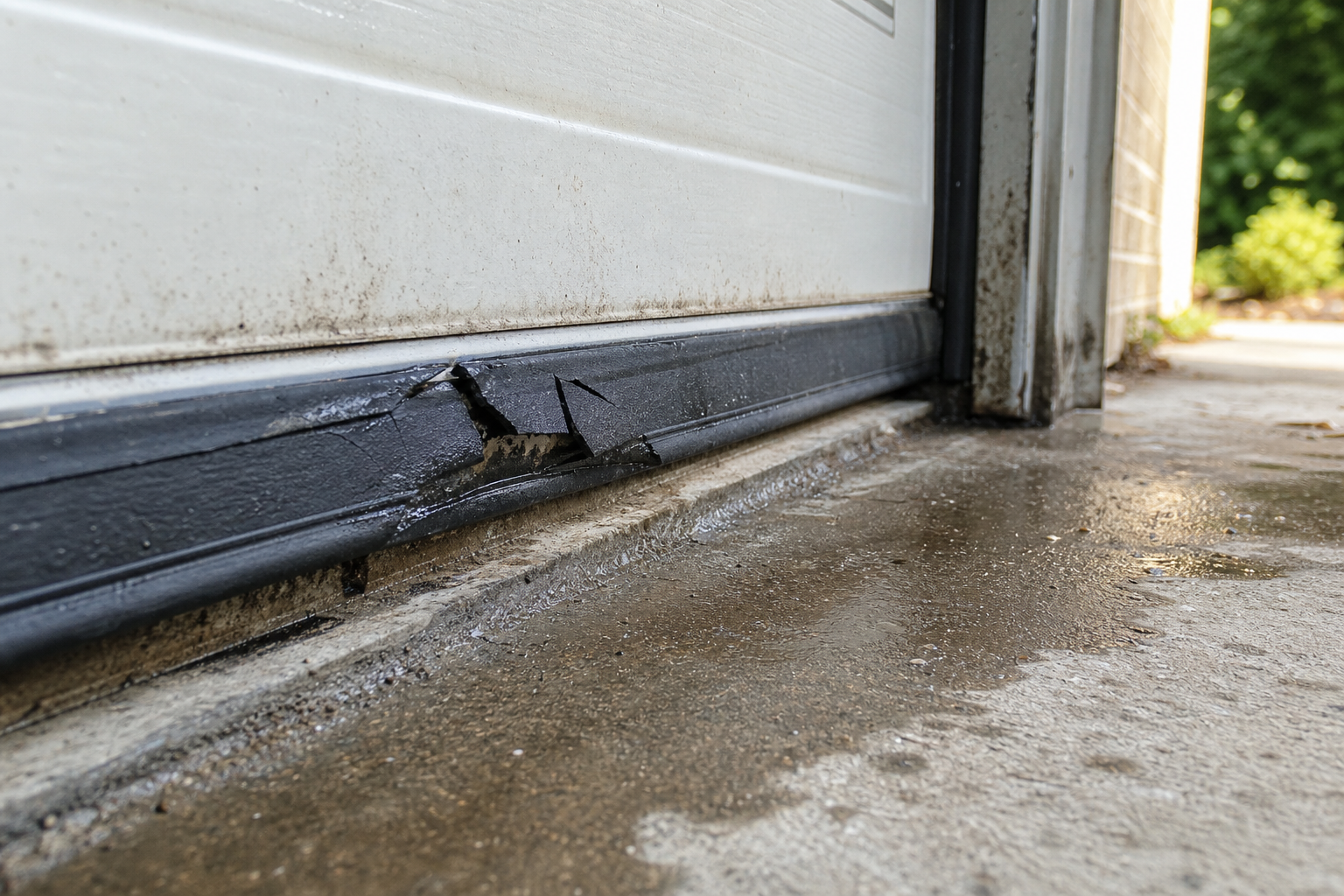 Damaged garage door seal showing gaps and water penetration