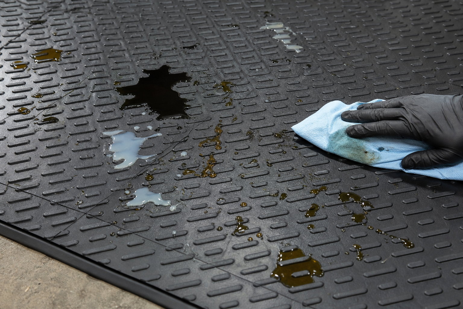 Garage floor mat demonstrating chemical resistance with automotive fluids beading on surface